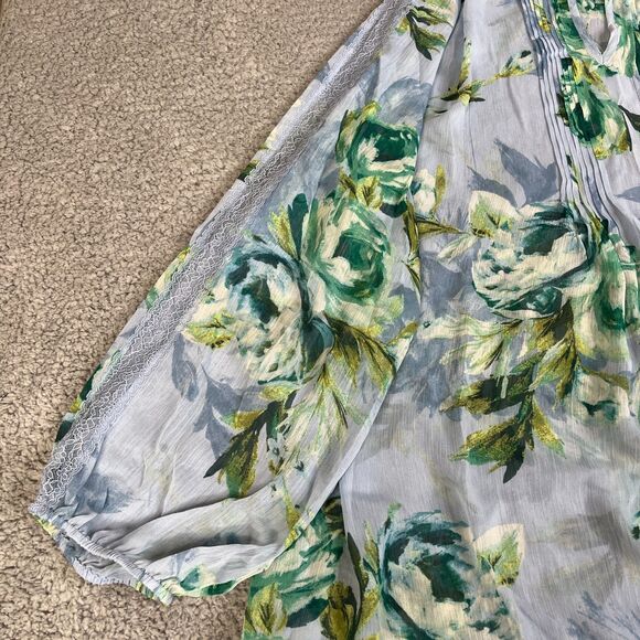 Susan Graver Blouse 3X Blue Green Sheer V Neck Pleated Long Sleeve QVC Flowy - Picture 2 of 14